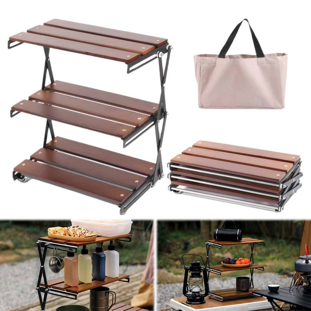 Outdoor Camping Table Foldable - 3-Tier Foldable Wooden Camping Shelf with