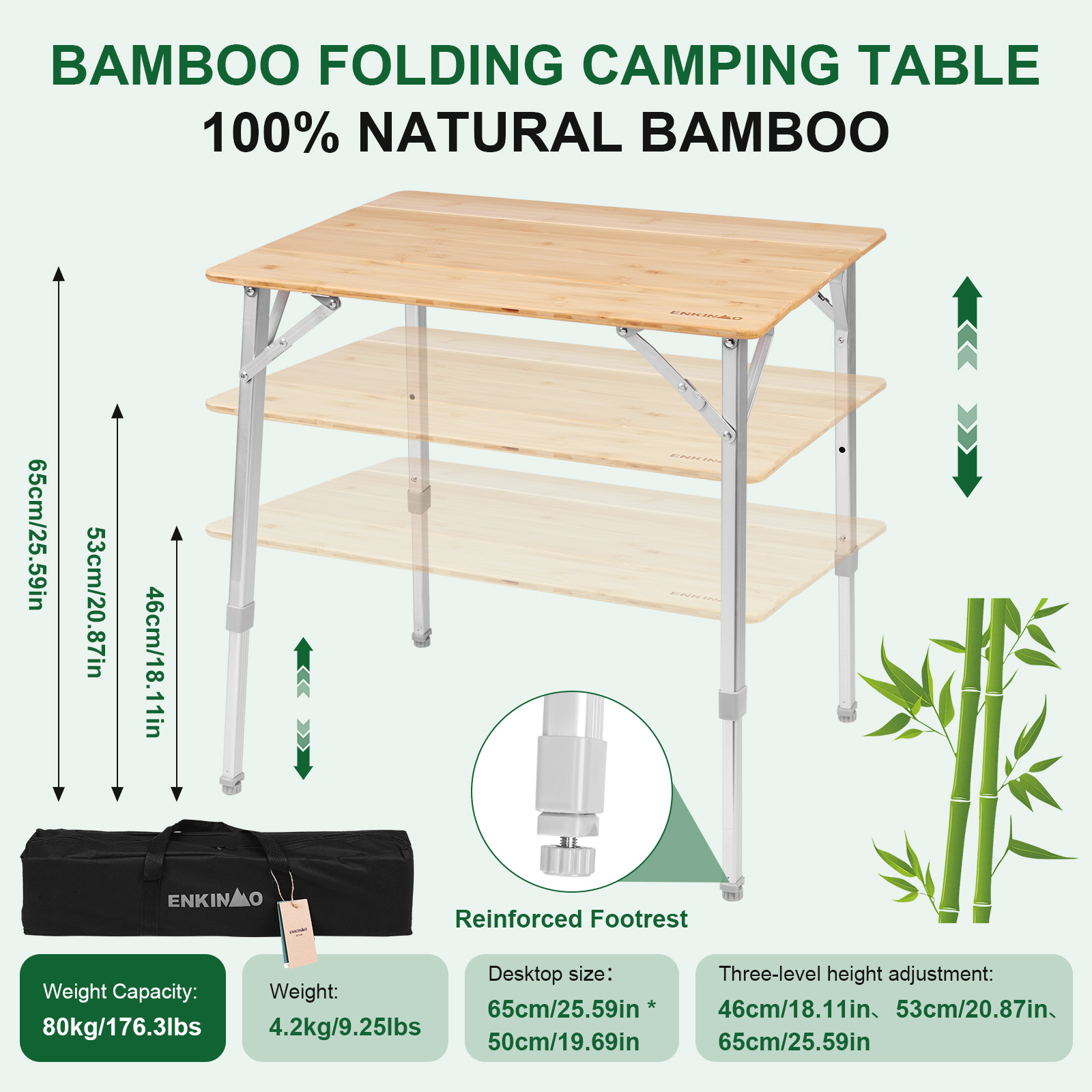 Outdoor Camping Table Foldable - Adjustable Height Folding Bamboo Camping Table